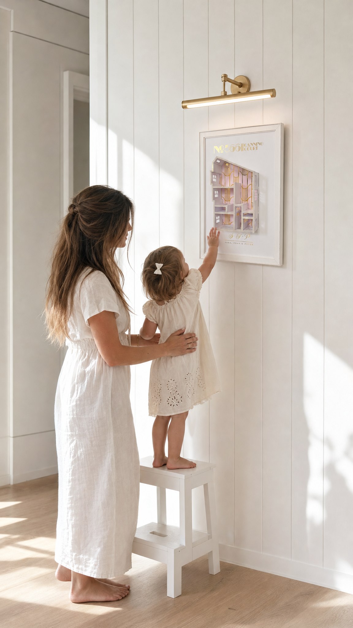 A woman and young child looking up at a framed model of their home displayed as art.